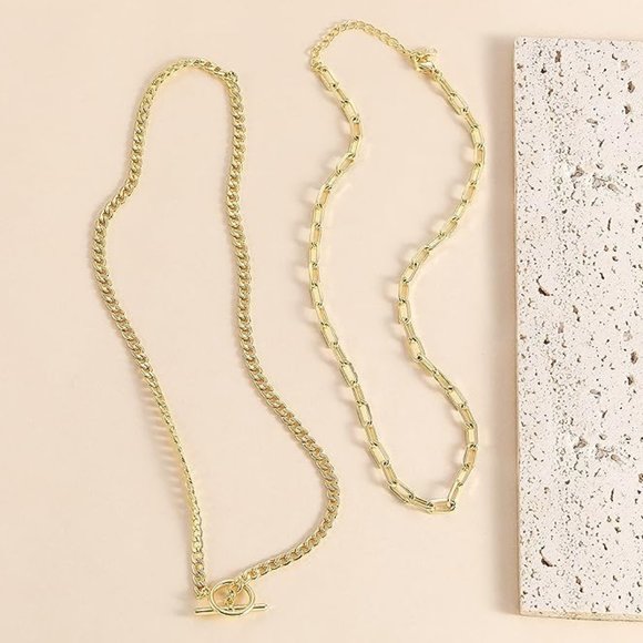 Set of 2 Layered 14K Gold Necklaces Dainty Minimalist Thin Chain Link Jewelry - Picture 4 of 8